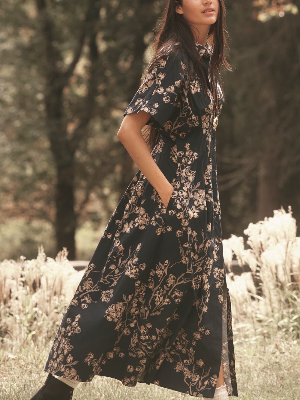 Exquise Tobie Short-Sleeve Midi Shirt Dress NEW Navy Blue Floral Anthropologie - Picture 4 of 15